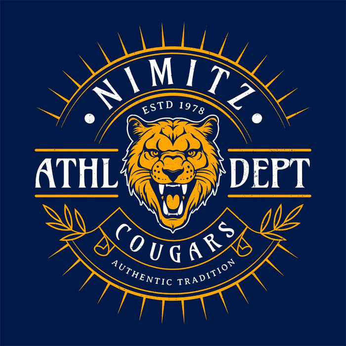 Close-up view of Nimitz High School Cougars Navy Blue Classic Unisex T-shirt 201