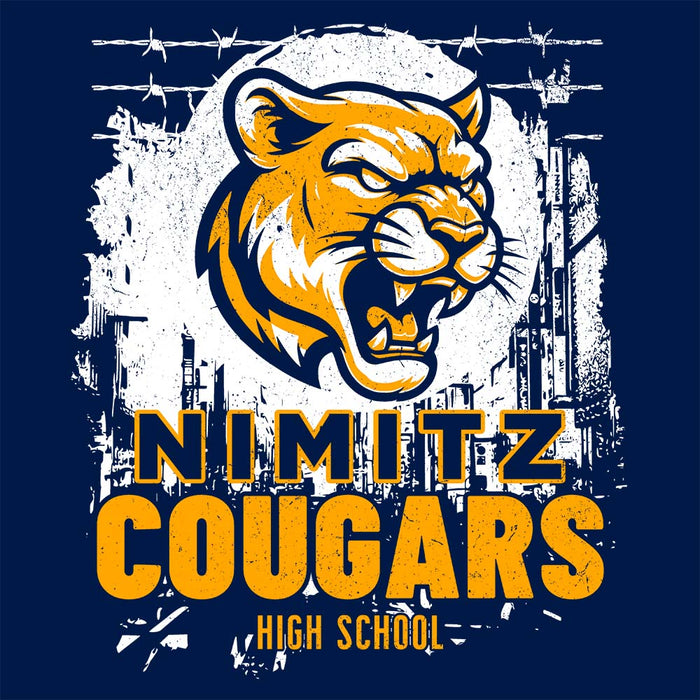 Close-up view of Nimitz High School Cougars Navy Blue Classic Unisex T-shirt 202