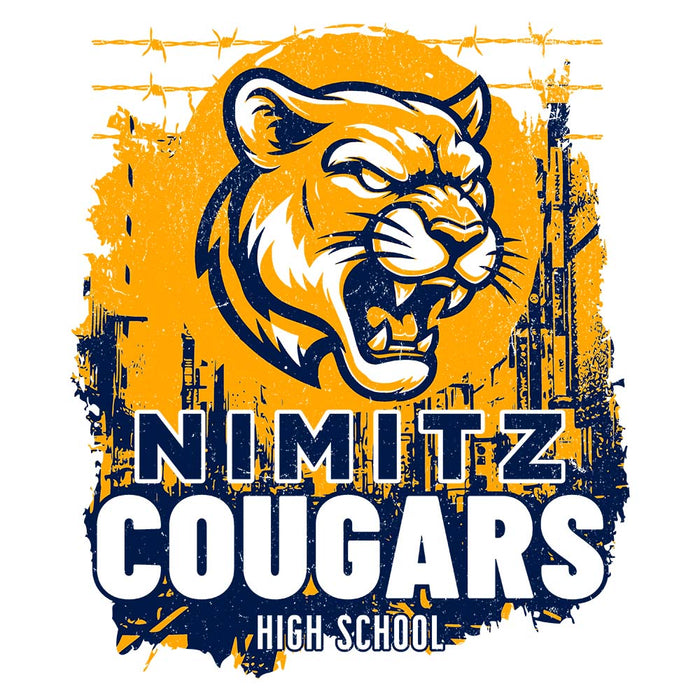 Close-up view of Nimitz High School Cougars Unisex 3/4 Sleeve Raglan T-shirt 202