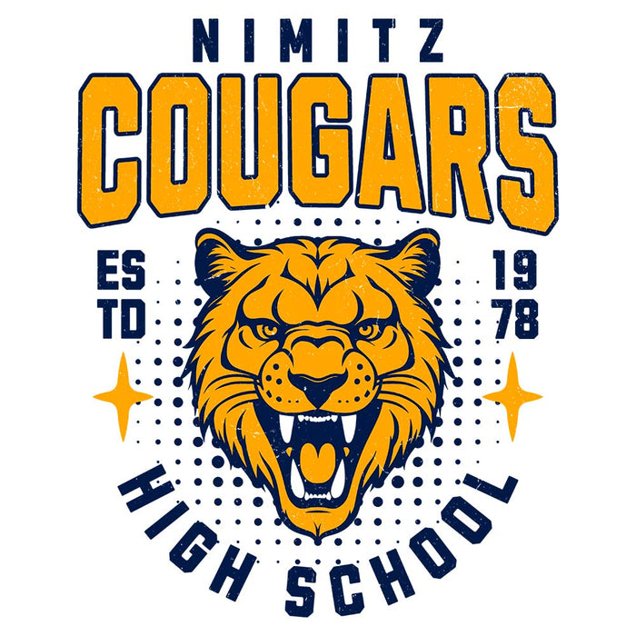 Close-up view of Nimitz High School Cougars Unisex 3/4 Sleeve Raglan T-shirt 204