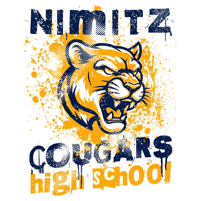 Close-up view of Nimitz High School Cougars Unisex 3/4 Sleeve Raglan T-shirt 205