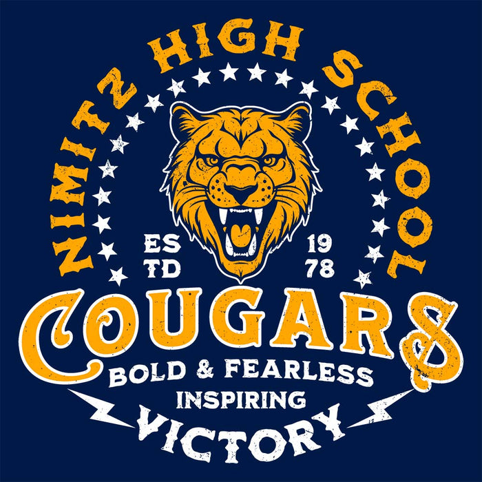 Close-up view of Nimitz High School Cougars Navy Blue Classic Unisex T-shirt 206