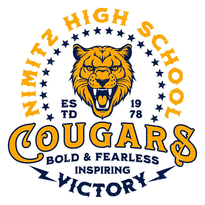 Close-up view of Nimitz High School Cougars Unisex 3/4 Sleeve Raglan T-shirt 206