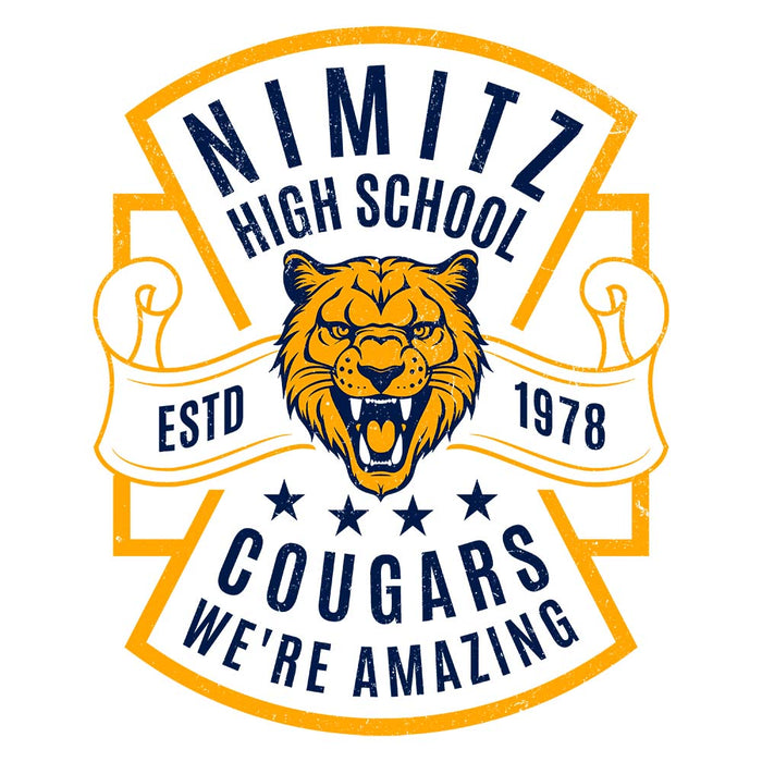 Close-up view of Nimitz High School Cougars Unisex 3/4 Sleeve Raglan T-shirt 207