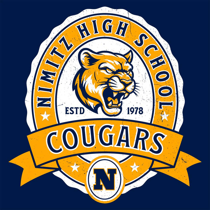 Close-up view of Nimitz High School Cougars Navy Blue Classic Unisex T-shirt 212