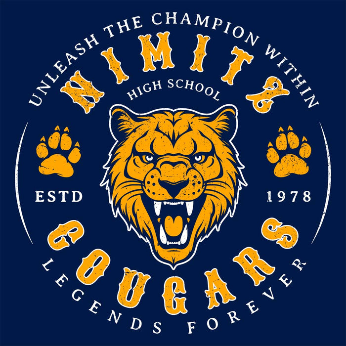 Close-up view of Nimitz High School Cougars Navy Blue Classic Unisex T-shirt 214