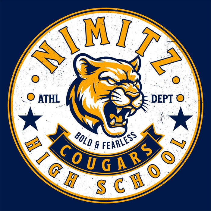 Close-up view of Nimitz High School Cougars Navy Blue Classic Unisex T-shirt 215