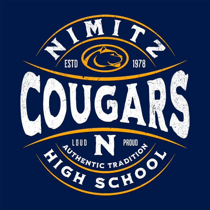 Close-up view of Nimitz High School Cougars Navy Blue Classic Unisex T-shirt 218