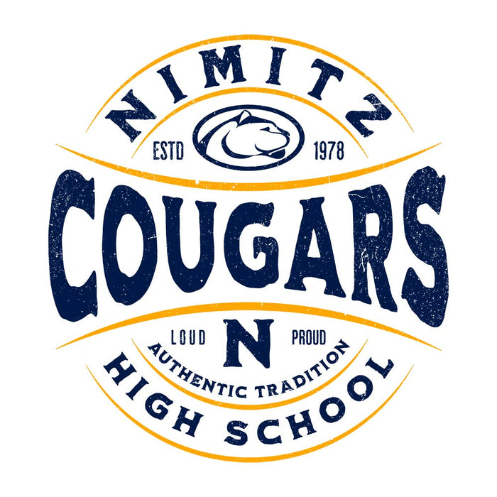 Close-up view of Nimitz High School Cougars Unisex 3/4 Sleeve Raglan T-shirt 218