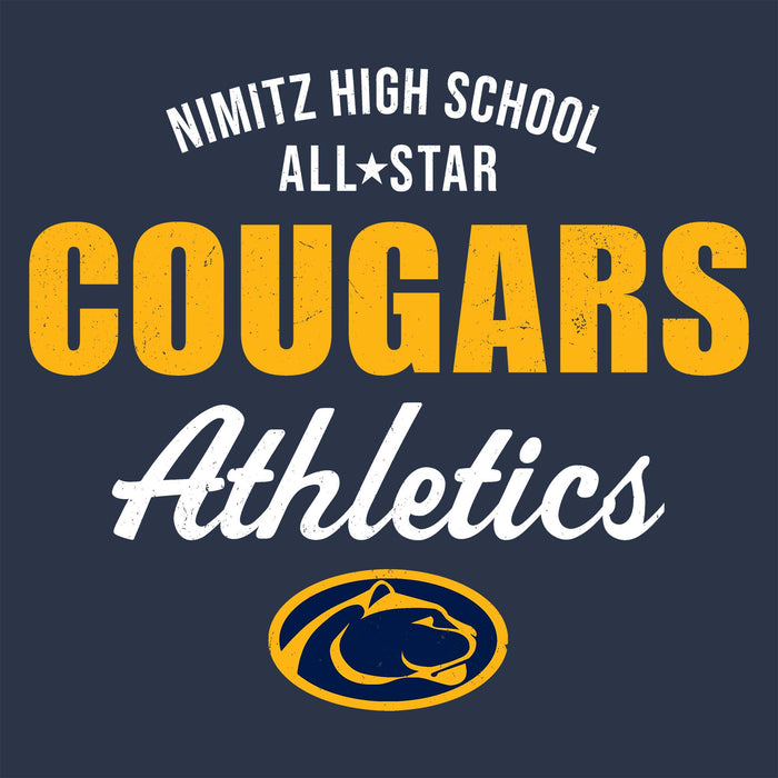 Close-up view of Nimitz High School Cougars Unisex 3/4 Sleeve Raglan T-shirt 034
