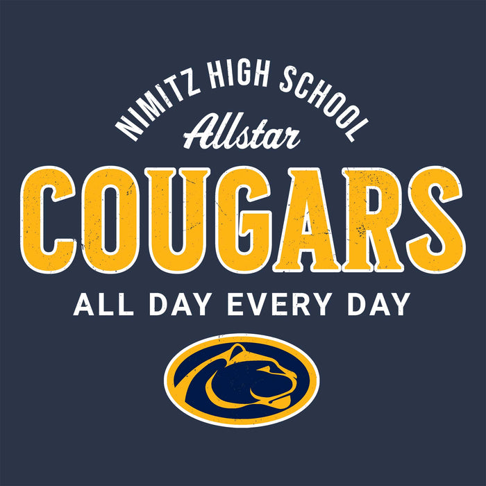 Close-up view of Nimitz High School Cougars Unisex 3/4 Sleeve Raglan T-shirt 040
