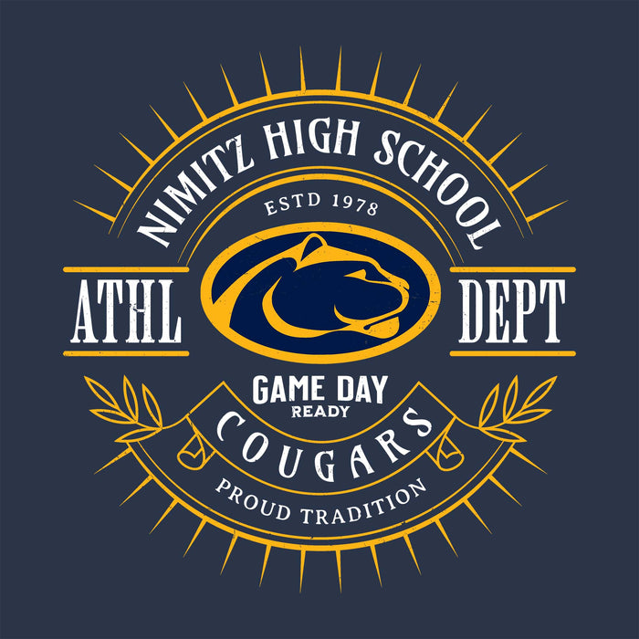 Close-up view of Nimitz High School Cougars Unisex 3/4 Sleeve Raglan T-shirt 201