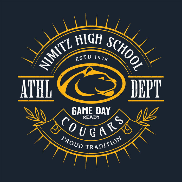 Close-up view of Nimitz High School Cougars Navy Blue Classic Unisex T-shirt 201