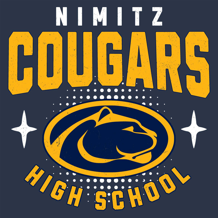 Close-up view of Nimitz High School Cougars Unisex 3/4 Sleeve Raglan T-shirt 204