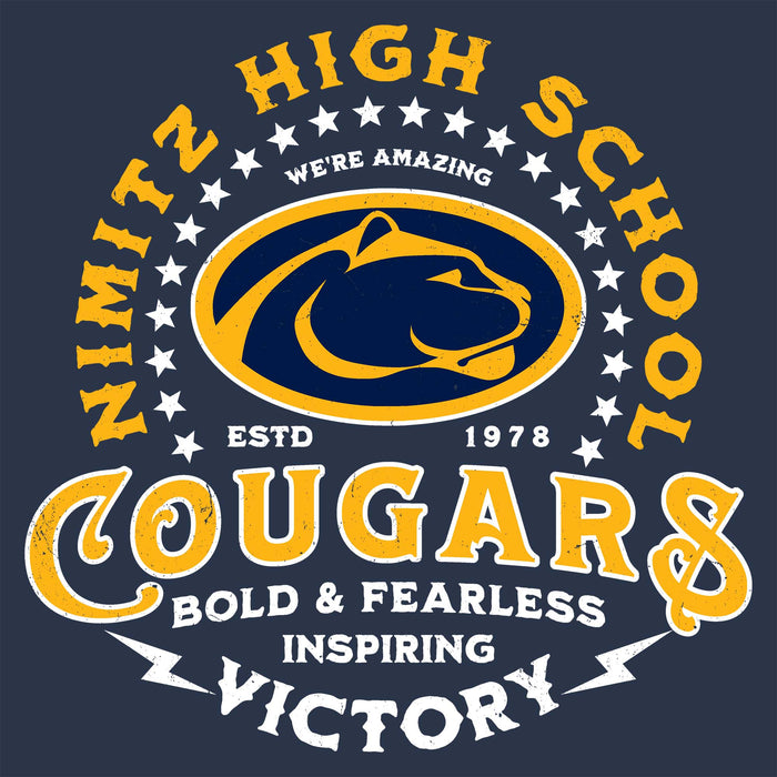 Close-up view of Nimitz High School Cougars Unisex 3/4 Sleeve Raglan T-shirt 206