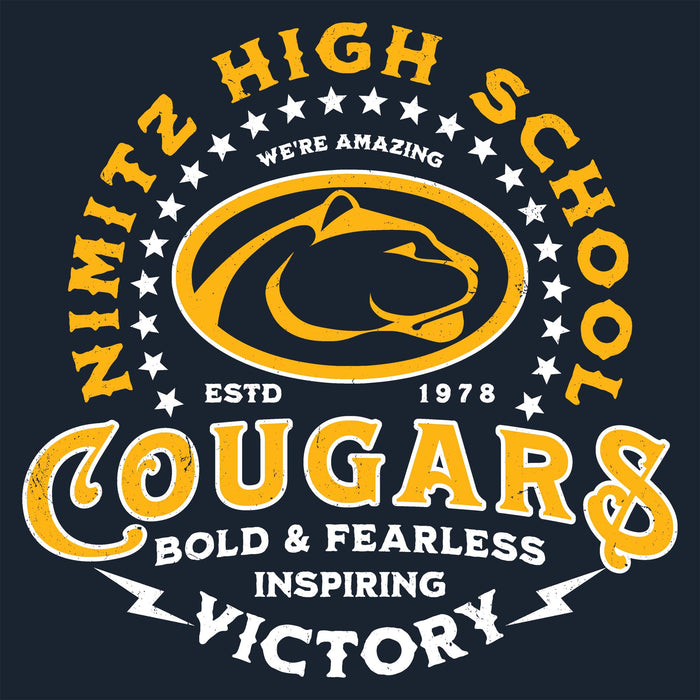 Close-up view of Nimitz High School Cougars Women's Navy Blue SoftStyle T-shirt 206