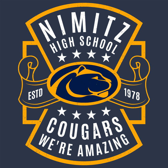 Close-up view of Nimitz High School Cougars Unisex 3/4 Sleeve Raglan T-shirt 207