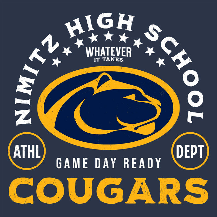 Close-up view of Nimitz High School Cougars Unisex 3/4 Sleeve Raglan T-shirt 208