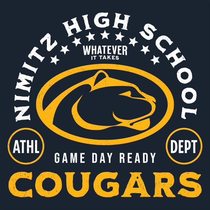 Close-up view of Nimitz High School Cougars Navy Blue Classic Unisex T-shirt 208