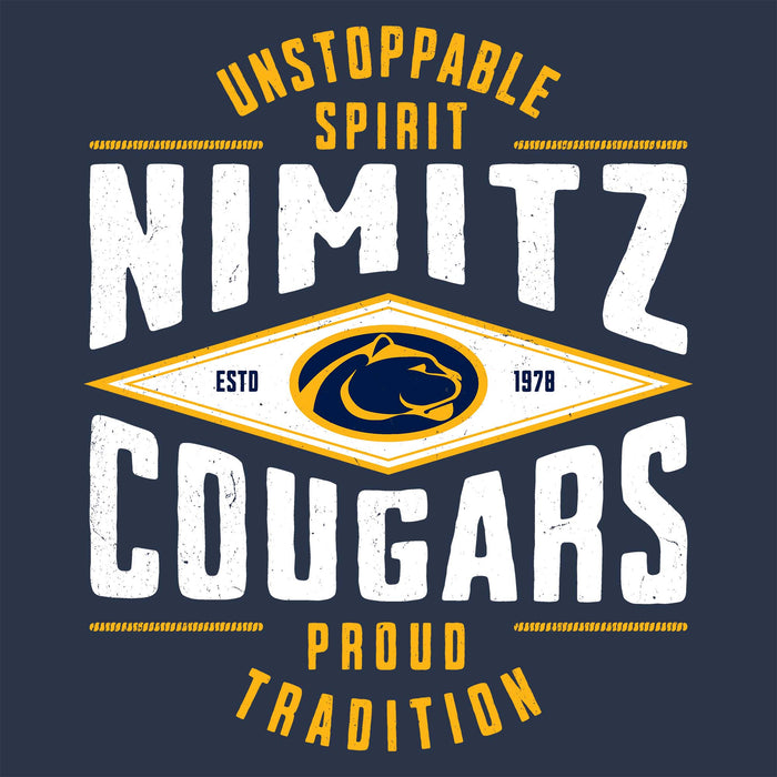 Close-up view of Nimitz High School Cougars Unisex 3/4 Sleeve Raglan T-shirt 210