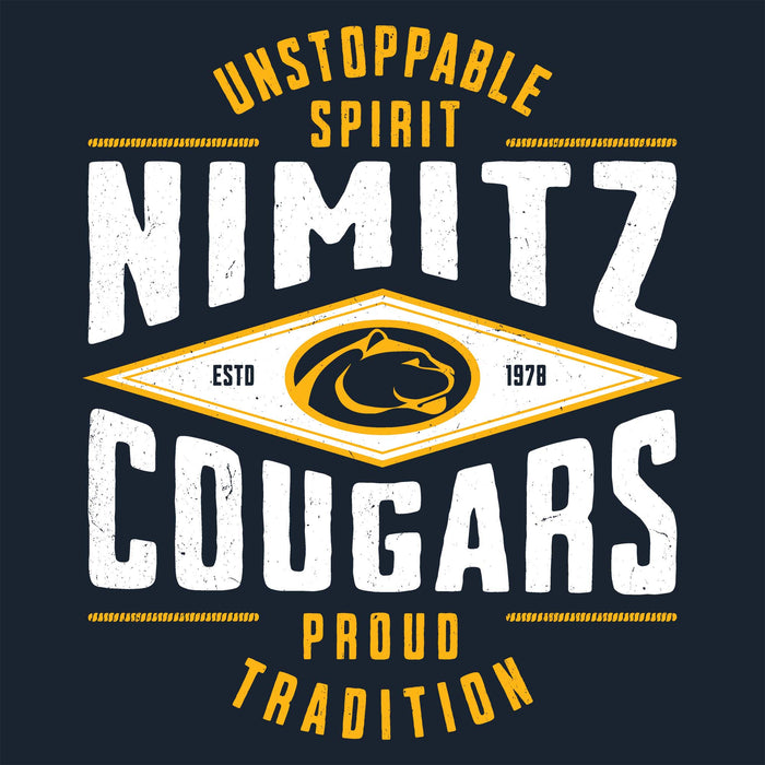 Close-up view of Nimitz High School Cougars Navy Blue Classic Unisex T-shirt 210