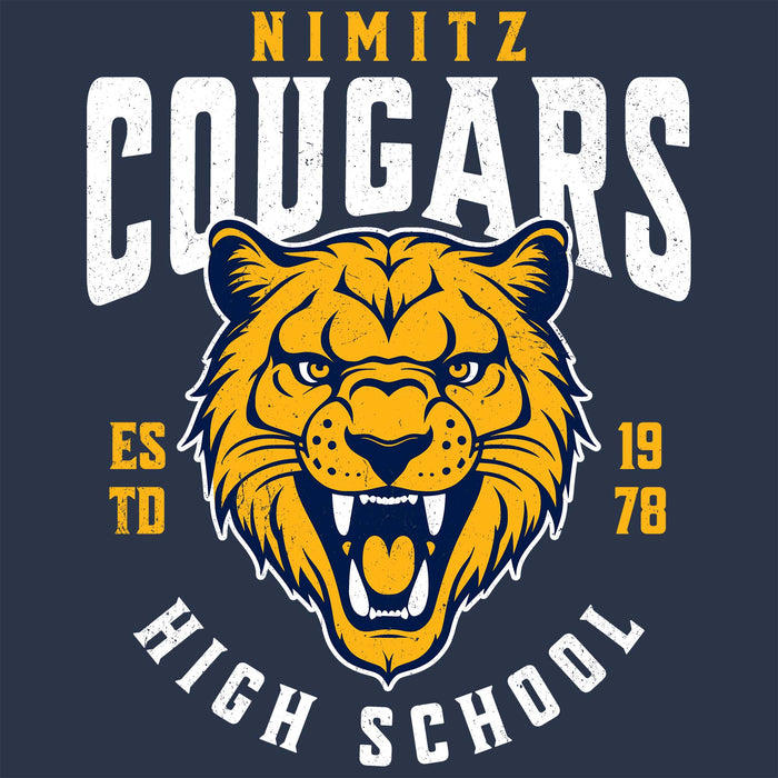 Close-up view of Nimitz High School Cougars Unisex 3/4 Sleeve Raglan T-shirt 213