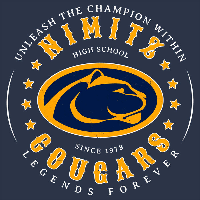 Close-up view of Nimitz High School Cougars Unisex 3/4 Sleeve Raglan T-shirt 214