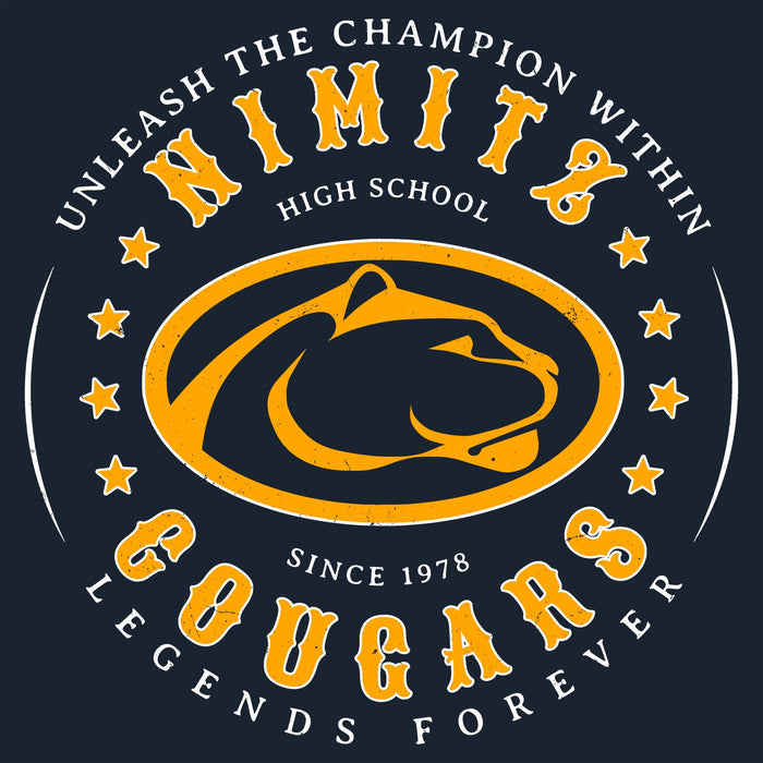 Close-up view of Nimitz High School Cougars Women's Navy Blue SoftStyle T-shirt 214
