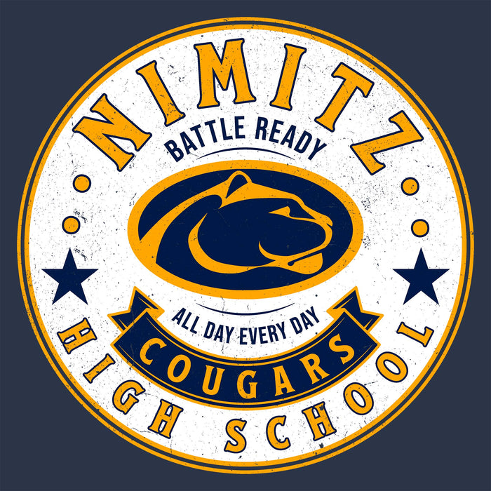 Close-up view of Nimitz High School Cougars Unisex 3/4 Sleeve Raglan T-shirt 215