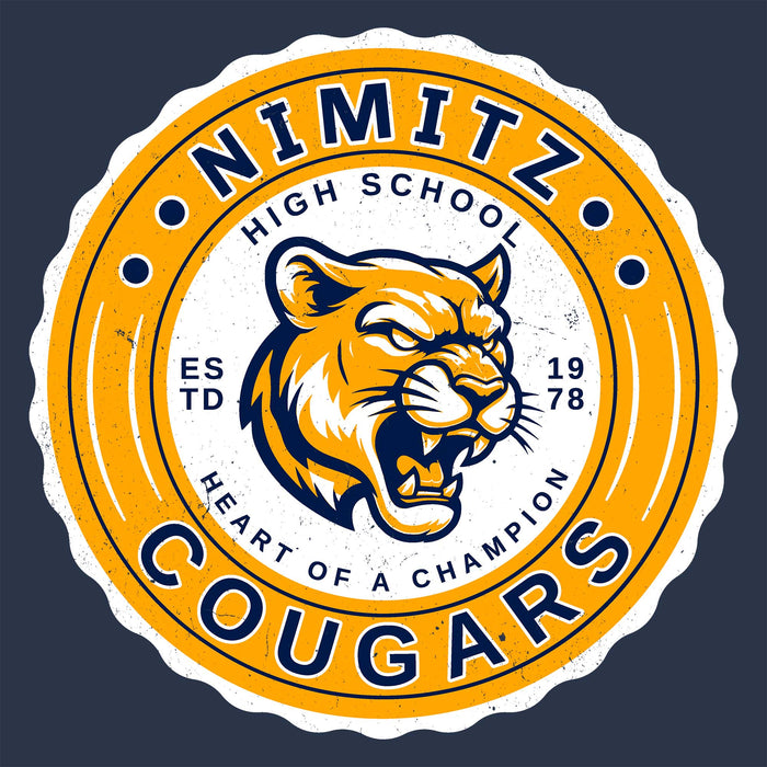 Close-up view of Nimitz High School Cougars Unisex 3/4 Sleeve Raglan T-shirt 216