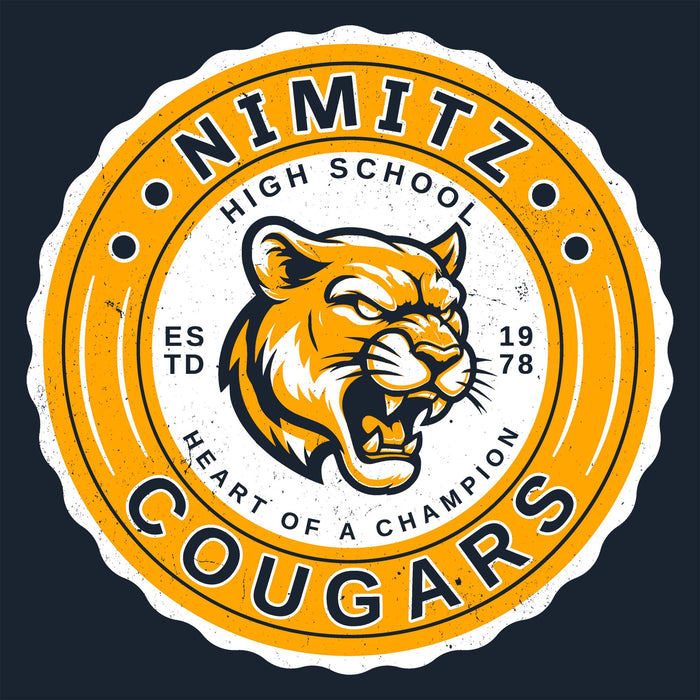 Close-up view of Nimitz High School Cougars Women's Navy Blue SoftStyle T-shirt 216