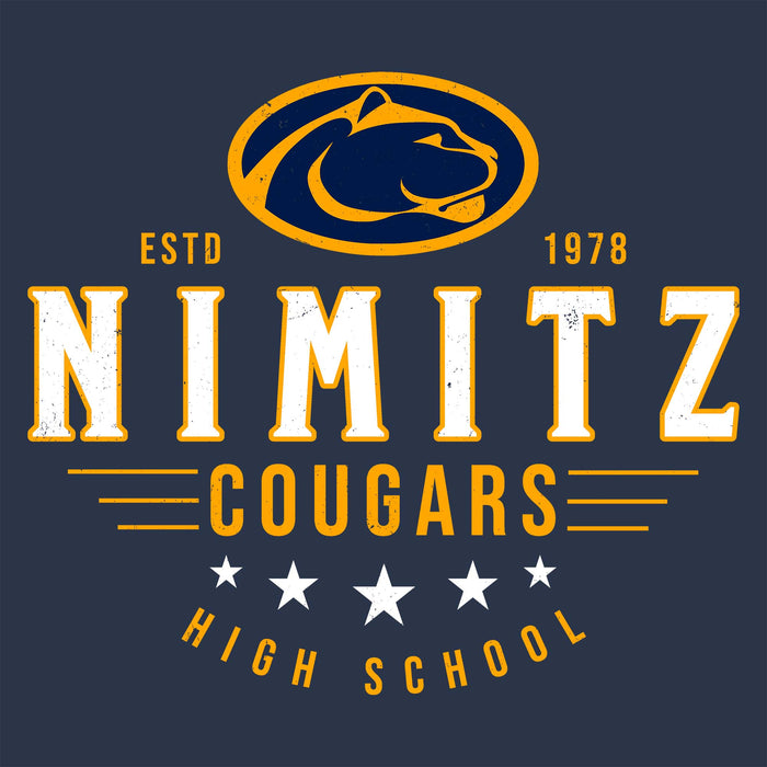 Close-up view of Nimitz High School Cougars Unisex 3/4 Sleeve Raglan T-shirt 217