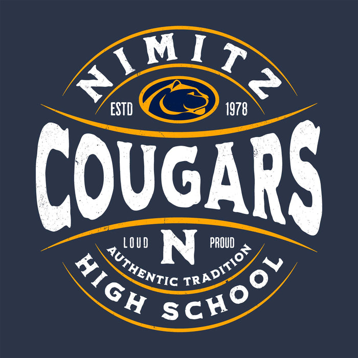 Close-up view of Nimitz High School Cougars Unisex 3/4 Sleeve Raglan T-shirt 218