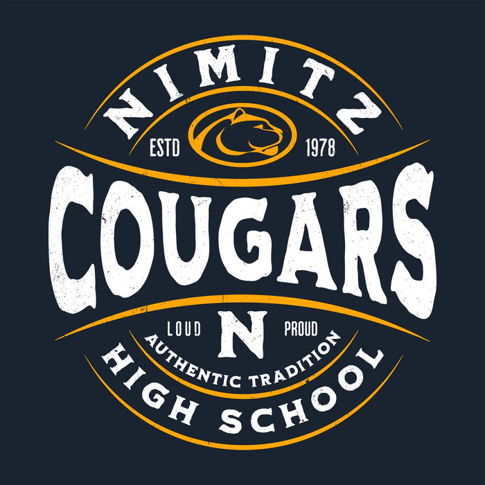 Close-up view of Nimitz High School Cougars Women's Navy Blue SoftStyle T-shirt 218