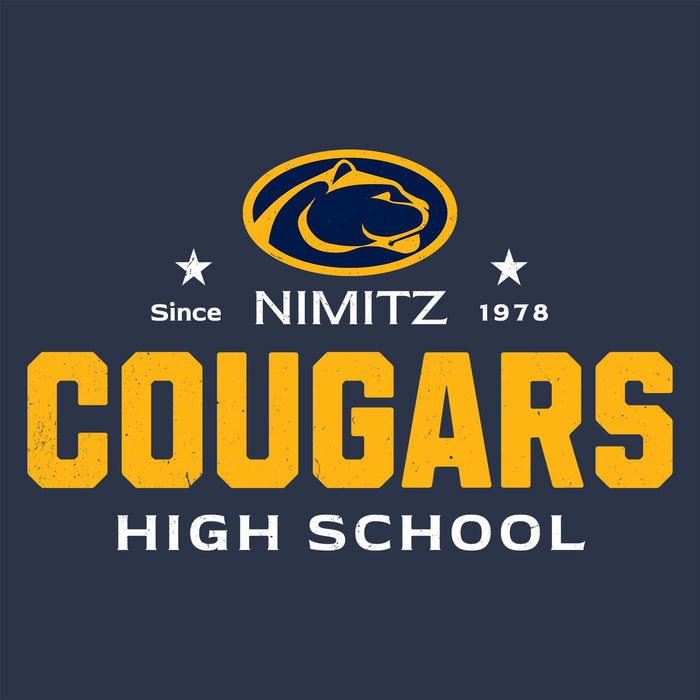 Close-up view of Nimitz High School Cougars Unisex 3/4 Sleeve Raglan T-shirt 222