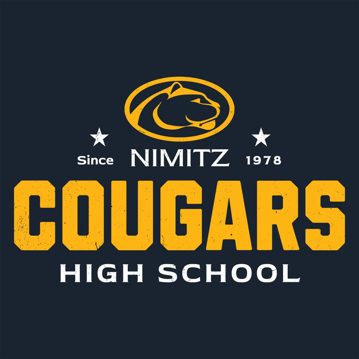 Close-up view of Nimitz High School Cougars Women's Navy Blue SoftStyle T-shirt 222