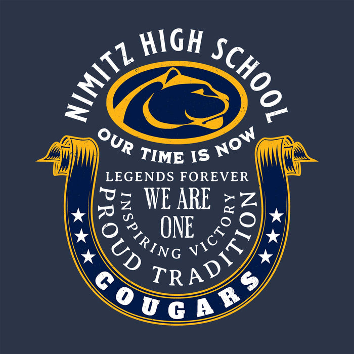 Close-up view of Nimitz High School Cougars Unisex 3/4 Sleeve Raglan T-shirt 229