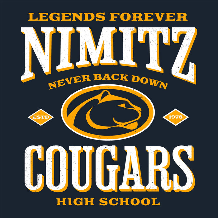 Close-up view of Nimitz High School Cougars Women's Navy Blue SoftStyle T-shirt 230