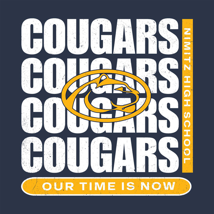 Nimitz High School cougar logo with 'Cougars' text and 'Our Time is Now' slogan on a dark background. Raglan t-shirt design 235
