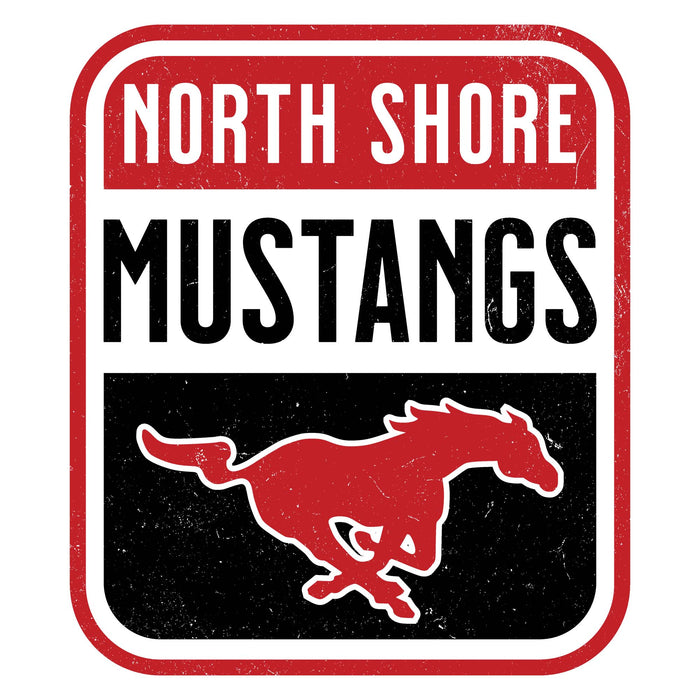 Close-up view of North Shore High School Mustangs Unisex 3/4 Sleeve Raglan T-shirt 001