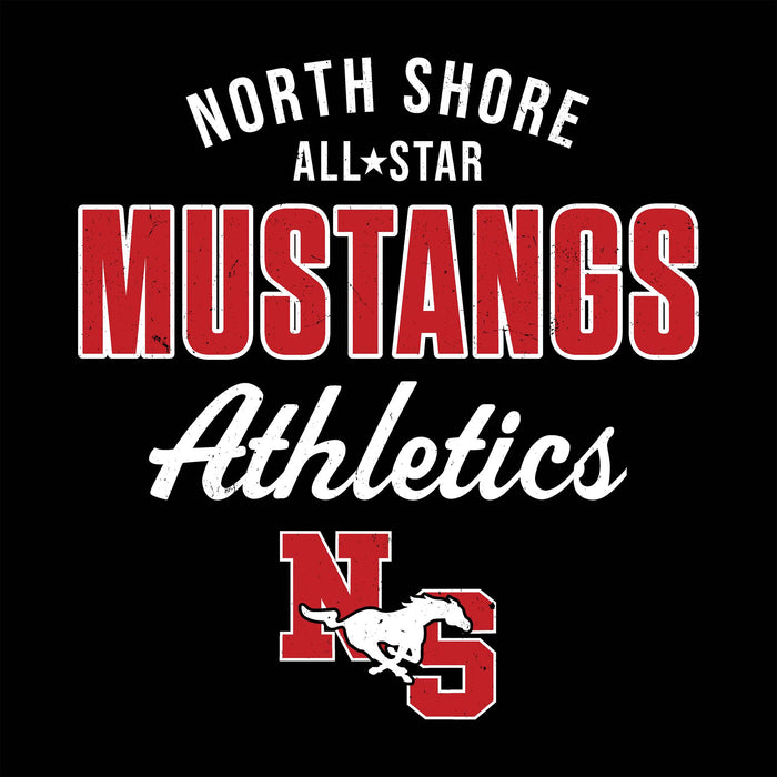 Close-up view of North Shore High School Mustangs Unisex 3/4 Sleeve Raglan T-shirt 034