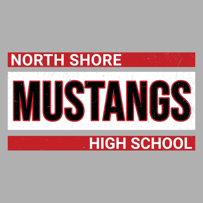 Close-up view of North Shore High School Mustangs Unisex 3/4 Sleeve Raglan T-shirt 098