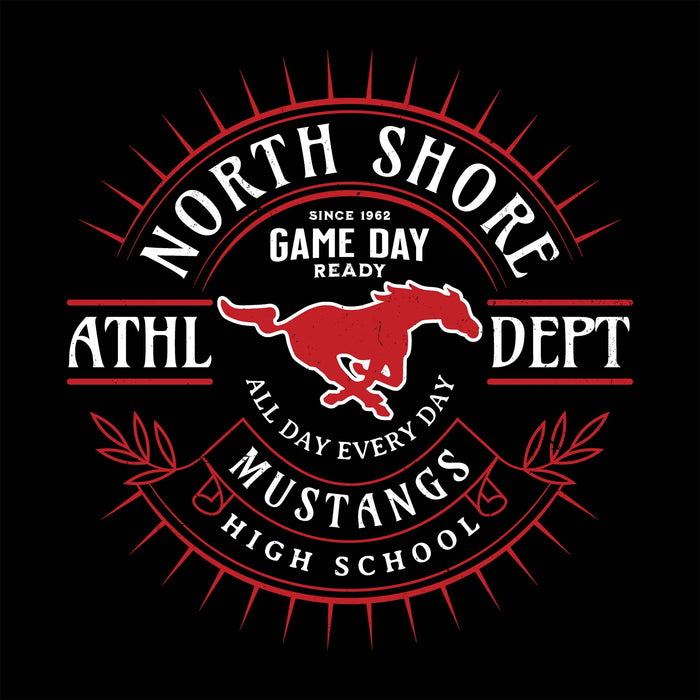 Close-up view of North Shore High School Mustangs Unisex 3/4 Sleeve Raglan T-shirt 201