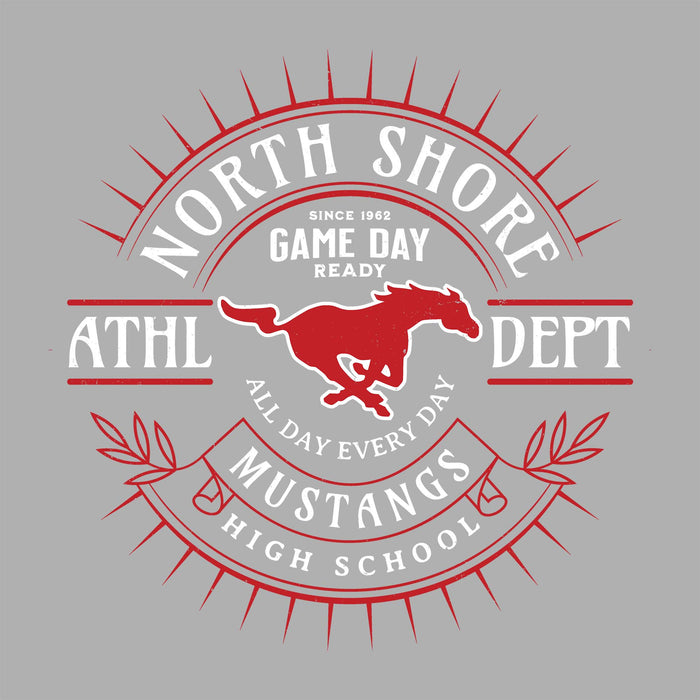 Close-up view of North Shore High School Mustangs Women's Grey SoftStyle T-shirt 201