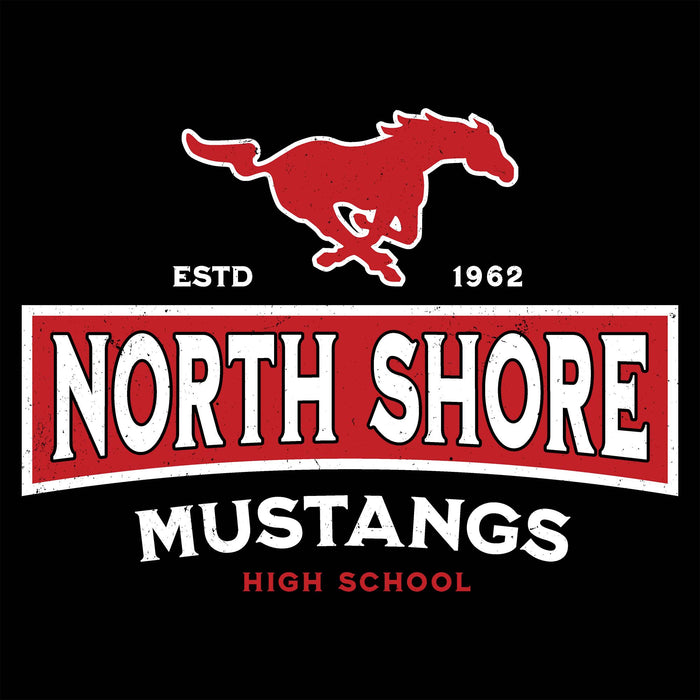 Close-up view of North Shore High School Mustangs Women's Black SoftStyle T-shirt 202