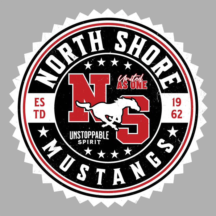 Close-up view of North Shore High School Mustangs Unisex 3/4 Sleeve Raglan T-shirt 203
