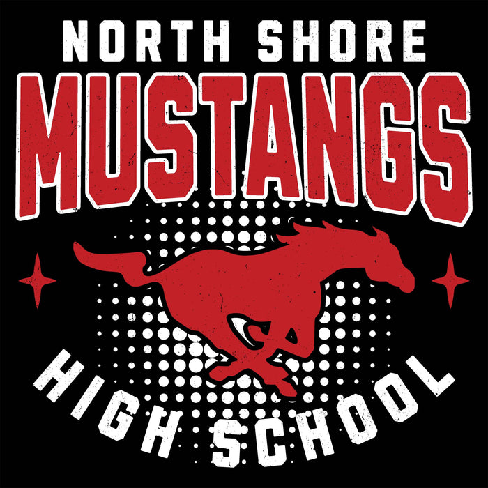North Shore Mustangs High School logo with red horse graphic on a black background - Raglan t-shirt design 204