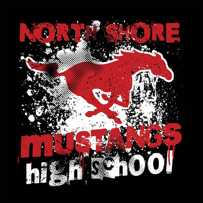 Close-up view of North Shore High School Mustangs Unisex 3/4 Sleeve Raglan T-shirt 205