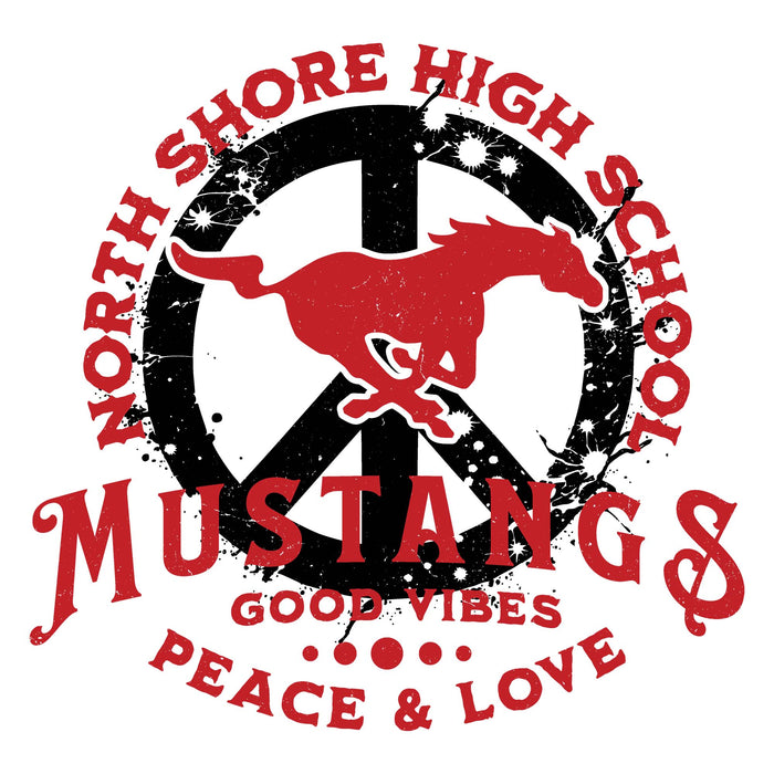 Close-up view of North Shore High School Mustangs Unisex 3/4 Sleeve Raglan T-shirt 206