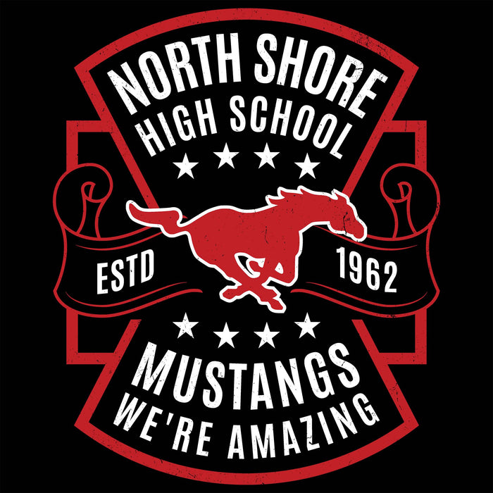 Close-up view of North Shore High School Mustangs Unisex 3/4 Sleeve Raglan T-shirt 207